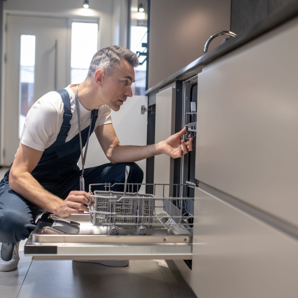 Kitchen facilities. Profile of man in tshirt and overalls crouching looking into dishwasher touching details in kitchen lit by daylight